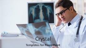  Presentation with radiologist - Audience pleasing PPT theme consisting of cancer center - doctor radiologist looking at x-ray backdrop and a  colored foreground