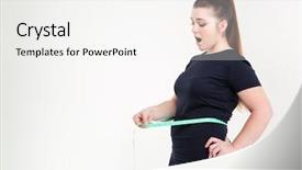  Presentation with measuring - Presentation design featuring cancer estomago - thick woman measuring her waist background and a  colored foreground