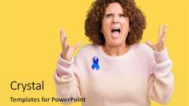  Presentation with blue ribbon - Presentation design having cancer mouth - middle ager senior woman wearing background and a yellow colored foreground