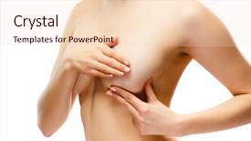  Presentation with self breast exam - Presentation design having cancer pain - woman examining breast isolated background and a lemonade colored foreground