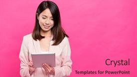  Presentation with using digital tablet - Slide set consisting of cancer project - businesswoman using digital tablet computer background and a coral colored foreground