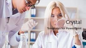  Presentation with discussion - Colorful presentation design enhanced with cancer research - two chemists having discussion backdrop and a soft green colored foreground