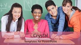  Presentation with teacher - Cool new presentation design with candidate school - portrait of happy young teacher backdrop and a coral colored foreground
