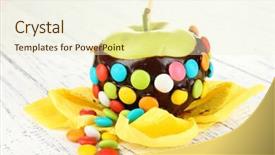  Presentation with wooden stick - Presentation featuring candied apple on stick on wooden table background and a cream colored foreground