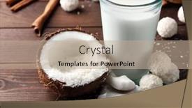  Presentation with milk coconut - PPT theme with candies in coconut flakes glass of milk and fresh coconut on dark wooden background background and a coral colored foreground