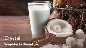  Presentation with milk coconut - PPT theme having candies in coconut flakes glass of milk and fresh coconut on dark wooden background background and a tawny brown colored foreground