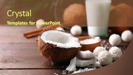  Presentation with milk coconut - Audience pleasing slide set consisting of candies in coconut flakes glass of milk and fresh coconut on dark wooden background backdrop and a tawny brown colored foreground