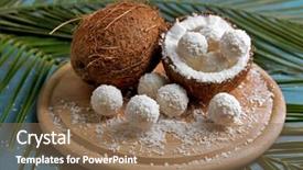  Presentation with coconut - PPT layouts enhanced with candies in coconut flakes and fresh coconut on color wooden background background and a coral colored foreground