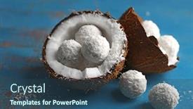  Presentation with coconut - Colorful PPT theme enhanced with candies in coconut flakes and fresh coconut on color wooden background backdrop and a ocean colored foreground