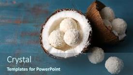  Presentation with coconut - Beautiful theme featuring candies in coconut flakes and fresh coconut on color wooden background backdrop and a ocean colored foreground