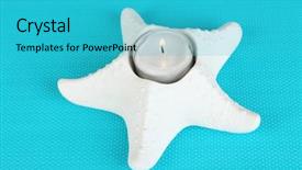  Presentation with starfish - Theme featuring candle in starfish on blue napkin close-up background and a cyan colored foreground