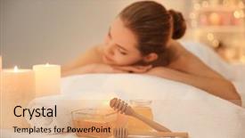  Presentation with young sing woman singing young - Presentation theme with candle sticks - honey for spa procedures background and a lemonade colored foreground