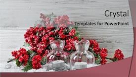  Presentation with holly - Theme consisting of candles and branch of holly berries in a snow over wooden background still life background and a light gray colored foreground