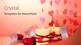  Presentation with valentine - Colorful presentation design enhanced with candles for valentine's day on wooden table on red background backdrop and a lemonade colored foreground