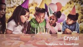  Presentation with cute birthday - Audience pleasing presentation design consisting of candles sky - cute children blowing together backdrop and a coral colored foreground