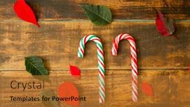  Presentation with cane - PPT theme featuring candy cane and leaves on a wooden background background and a gold colored foreground