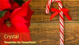  Presentation with cane - PPT theme enhanced with candy cane with and plant with red leaves on a wooden background background and a tawny brown colored foreground