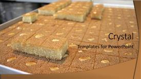  Presentation with cake durian - PPT theme with candy store - close up of arab cake background and a gold colored foreground