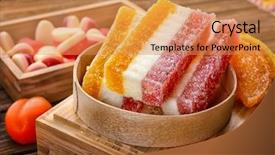  Presentation with rustic wood wooden frame - Colorful presentation design enhanced with candy sweets - composition with tasty marmalade candies backdrop and a gold colored foreground