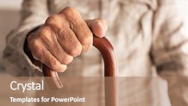 Presentation with old man - PPT theme enhanced with cane - old man hand holding walking background and a coral colored foreground