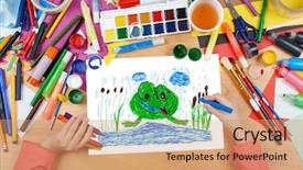  Presentation with frog - PPT layouts having cane toads - child drawing frog in river background and a coral colored foreground