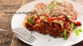  Presentation with pasta sauce - Amazing presentation theme having canelloni-pasta-with-minced-beef backdrop and a coral colored foreground