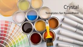  Presentation with paint brush brash and red - Audience pleasing slide set consisting of canister - tin cans with paint brushes backdrop and a soft green colored foreground