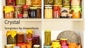  Presentation with canned food - Beautiful PPT theme featuring canned food - different conservations on white shelves backdrop and a lemonade colored foreground