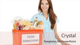  Presentation with food donation - Cool new PPT theme with canned food - girl volunteer with donation box backdrop and a lemonade colored foreground