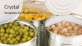  Presentation with peas - Slides having canned food - open tin cans of corn background and a coral colored foreground