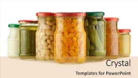  Presentation with canned food - Colorful PPT theme enhanced with canned food - preserved vegetables isolated on white backdrop and a yellow colored foreground