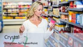  Presentation with value education core values teamwork - Audience pleasing slides consisting of canned food - woman reading nutritional values backdrop and a light blue colored foreground