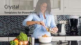  Presentation with dinner - Slides featuring canned food - young housewife preparing dinner background and a light gray colored foreground