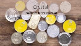  Presentation with canned food - PPT theme featuring canned food on wooden background top view background and a coral colored foreground