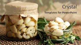  Presentation with garlic - Amazing PPT theme having canned garlic in glass jar backdrop and a coral colored foreground