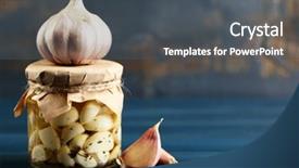  Presentation with garlic - Colorful slide deck enhanced with canned garlic in glass jar on color wooden background backdrop and a dark gray colored foreground