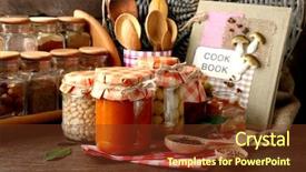  Presentation with kitchen utensils - Amazing slide deck having canned mushroom - jars with pickled vegetables backdrop and a tawny brown colored foreground