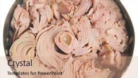  Presentation with canned fish - Amazing PPT theme having canned tuna fish steak backdrop and a coral colored foreground
