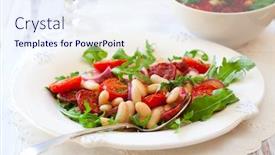  Presentation with chorizo - Slides with cannellini bean salad with roast cherry tomatoes chorizo and red onion background and a sky blue colored foreground