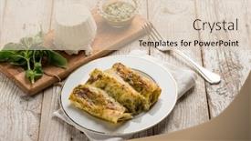  Presentation with sauce - Presentation design having cannelloni-with-pesto-sauce background and a soft green colored foreground