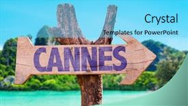  Presentation with festival - Slide deck with cannes wooden sign with beach background and a arctic colored foreground