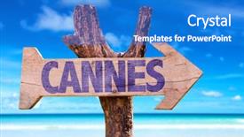  Presentation with festival - PPT layouts having cannes wooden sign with beach background and a cobalt blue colored foreground