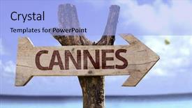  Presentation with festival - PPT theme having cannes wooden sign background and a light blue colored foreground