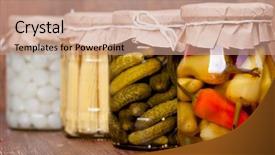  Presentation with preserved - PPT theme featuring canning - preserved vegetable on a wooden background and a coral colored foreground