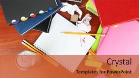  Presentation with workplace - Colorful presentation design enhanced with energy drink cans - student's workplace backdrop and a  colored foreground