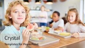  Presentation with elementary school - Beautiful slide set featuring canteen of the elementary school backdrop and a coral colored foreground