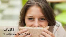  Presentation with cafeteria - Cool new PPT theme with canteen university - close-up portrait of a smiling backdrop and a coral colored foreground