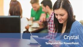  Presentation with canteen - Presentation theme featuring canteen university - smiling female with coffee using background and a ocean colored foreground