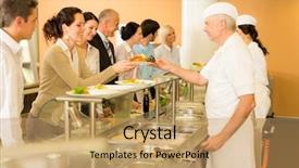  Presentation with food meals - PPT theme enhanced with cantine - business colleagues in cafeteria cook background and a coral colored foreground