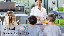  Presentation with canteen - PPT layouts consisting of cantine - cheerful woman serving food background and a light blue colored foreground